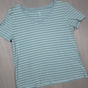 Dip Green White Striped V-Neck T-Shirt Medium